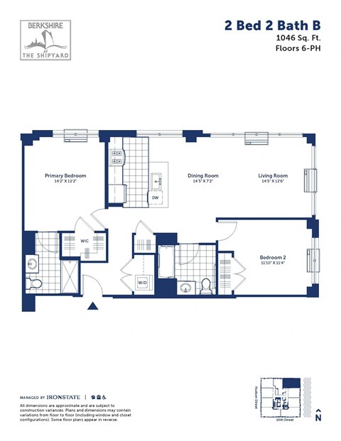 Floor plan for 2 beds, 2 baths, 1046 sqft